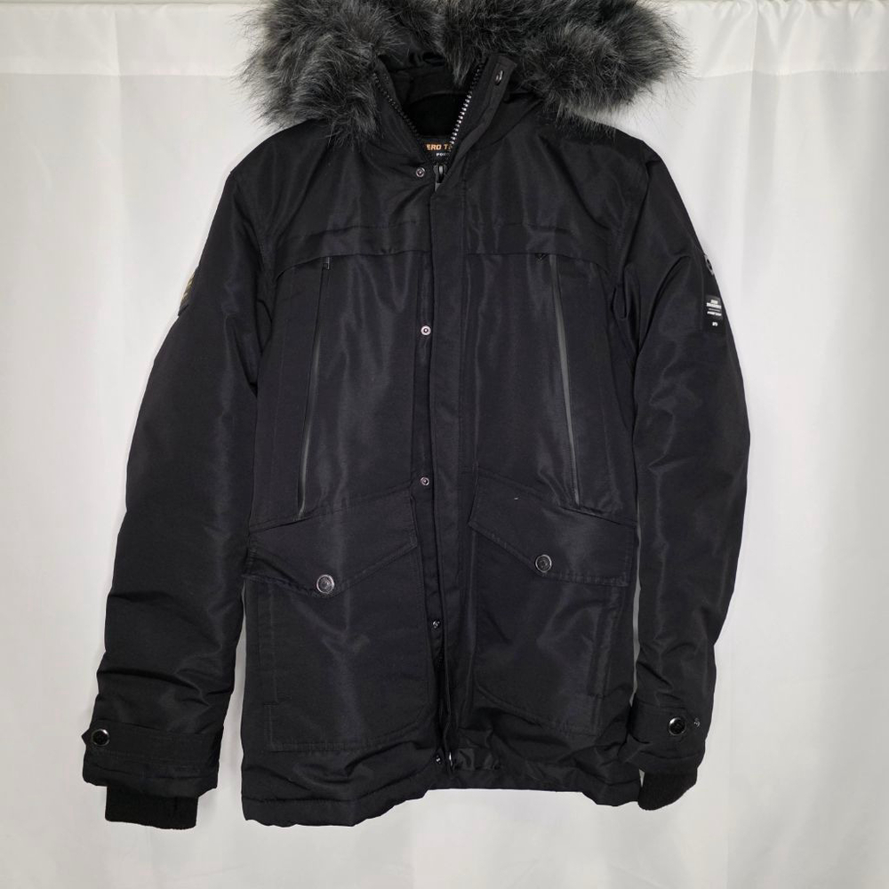 Men's Point Zero Black Puffer Jacket with Gray Faux Fur Hood S